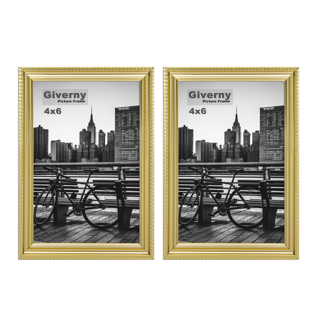 Giverny Picture Frame(4x6 Gold), 2-Pack Wall-Mounted or Desk Top Display, Ultra-Light Photo Frame with Plexiglass Panel for Weddings, Parties, Ceremonies, Living Rooms, Bedrooms