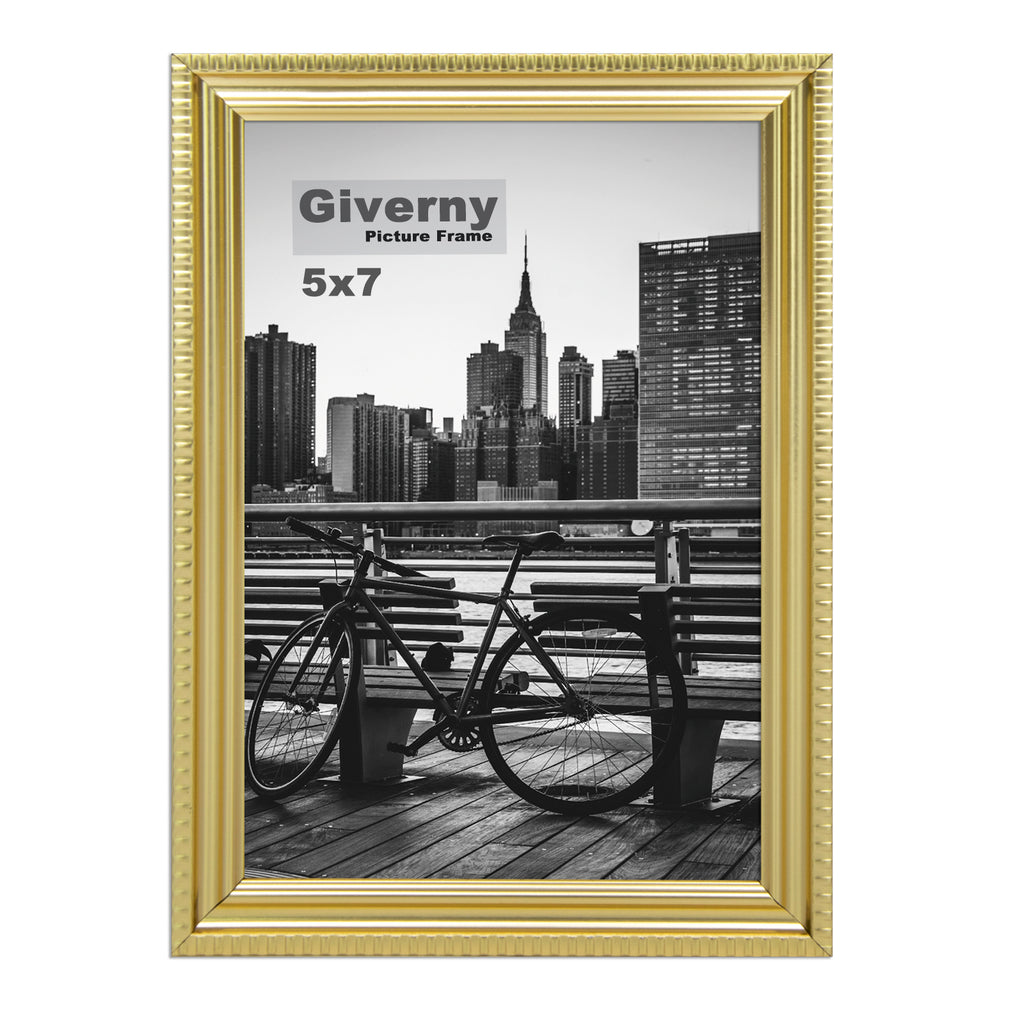 Giverny Picture Frame(5x7 Gold), Wall-Mounted or Desk Top Display, Ultra-Light Photo Frame with Plexiglass Panel for Weddings, Parties, Ceremonies, Living Rooms, Bedrooms