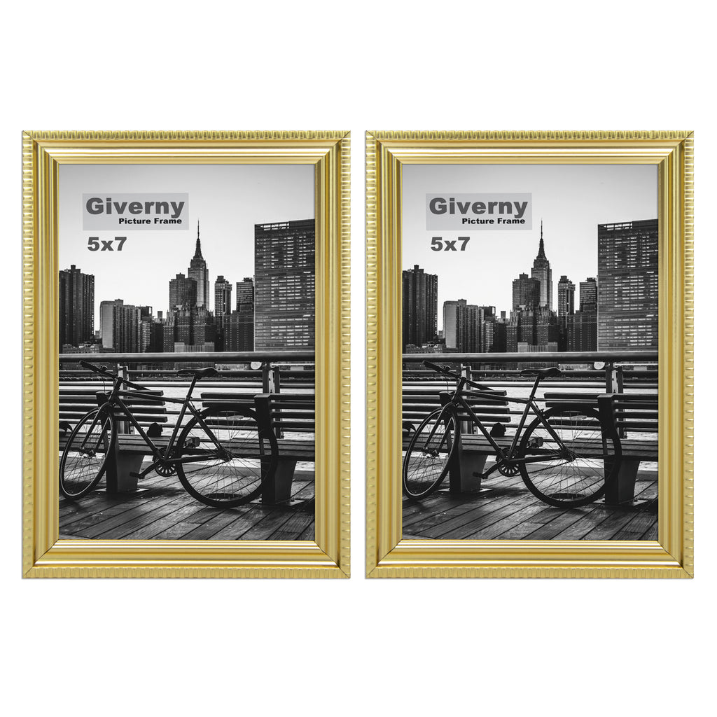 Giverny Picture Frame(5x7 Gold), 2-Pack Wall-Mounted or Desk Top Display, Ultra-Light Photo Frame with Plexiglass Panel for Weddings, Parties, Ceremonies, Living Rooms, Bedrooms