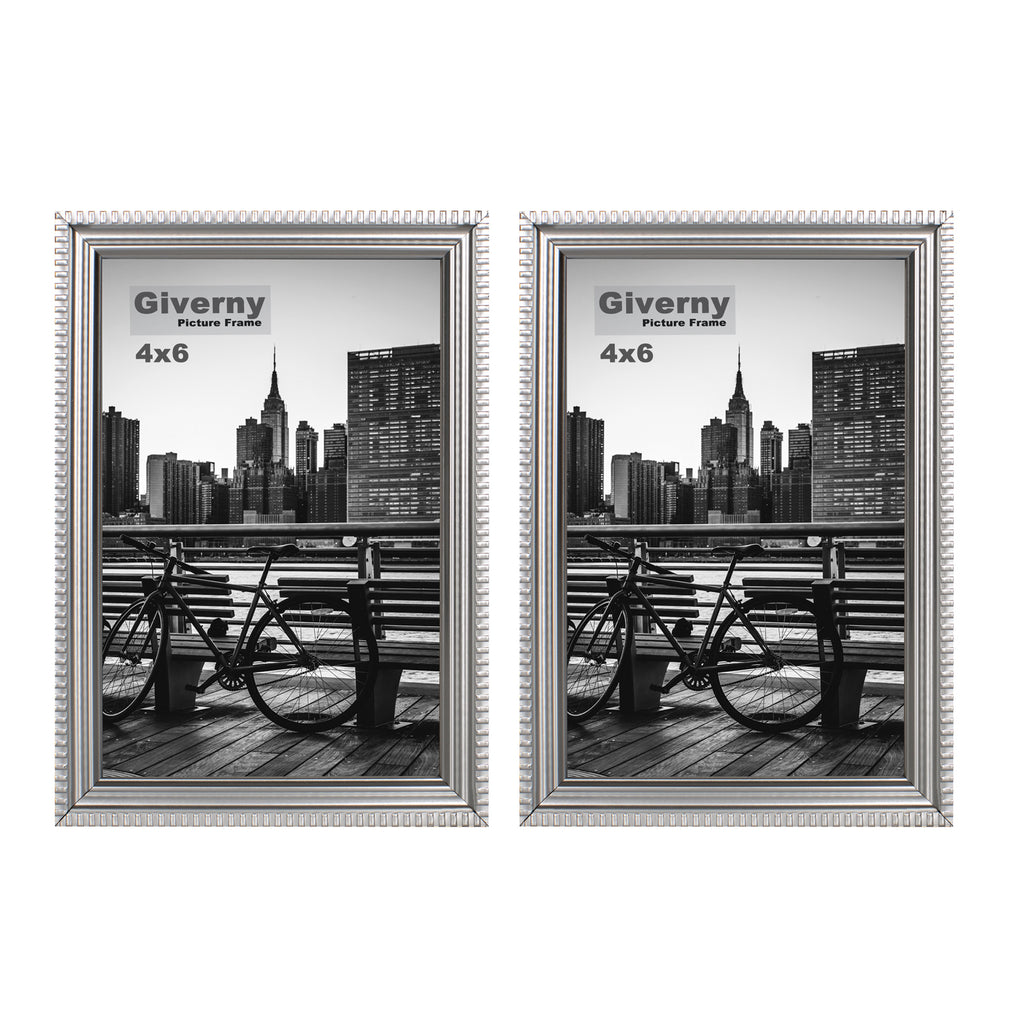 Giverny Picture Frame(4x6 Silver), 2-Pack Wall-Mounted or Desk Top Display, Ultra-Light Photo Frame with Plexiglass Panel for Weddings, Parties, Ceremonies, Living Rooms, Bedrooms